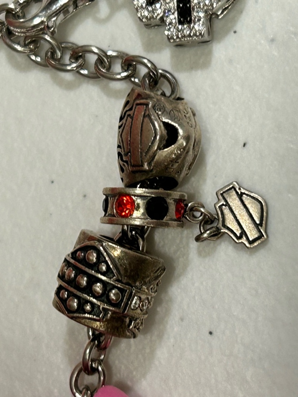 Harley-Davidson Silver Tone Charm Bracelet with Black and Red Accents - Picture 3 of 3